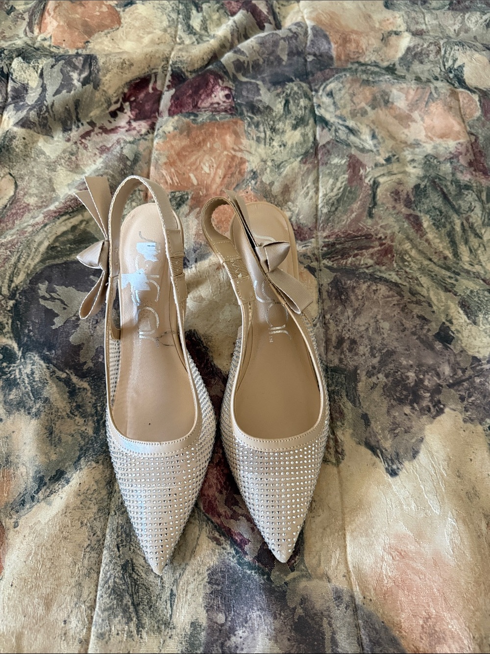 Embellished Beige Pointed-Toe Slingback Flats